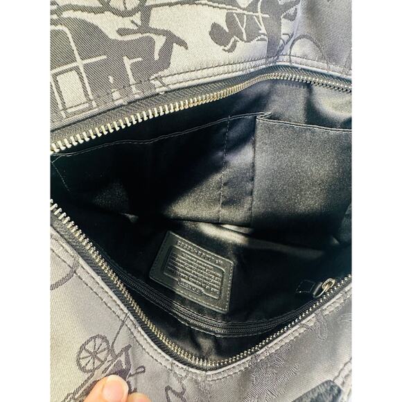 COACH Grey Black Stage Coach Horse Printed Fabric Y2K Leather Tote Handbag - Picture 12 of 15